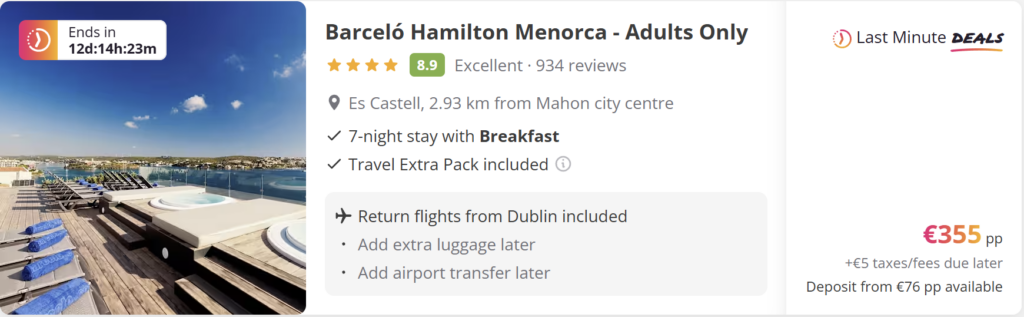 Cheap direct return flights from Dublin to Menorca for €44 per person, travel dates 22–29 April 2026. Ryanair direct evening flights with turquoise Menorca bay and coastal cliffs