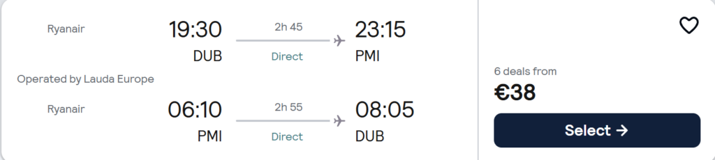 Palma Mallorca half board holiday deal from Dublin for €283 per person, travel dates 15–20 April 2026. Includes 5-night hotel stay for two travellers, half board meals, return flights from Dublin and €61 deposit option. Promotional travel card with Palmanova hotel pool and Palma coastline.
