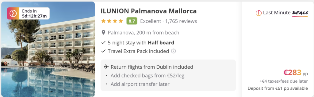 Palma Mallorca half board holiday deal from Dublin for €283 per person, travel dates 15–20 April 2026. Includes 5-night hotel stay for two travellers, half board meals, return flights from Dublin and €61 deposit option. Promotional travel card with Palmanova hotel pool and Palma coastline.