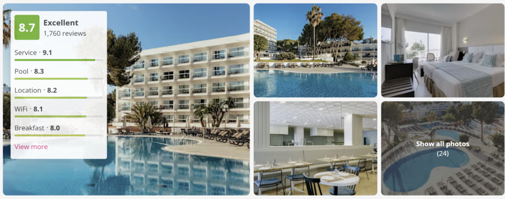 Palma Mallorca half board holiday deal from Dublin for €283 per person, travel dates 15–20 April 2026. Includes 5-night hotel stay for two travellers, half board meals, return flights from Dublin and €61 deposit option. Promotional travel card with Palmanova hotel pool and Palma coastline.