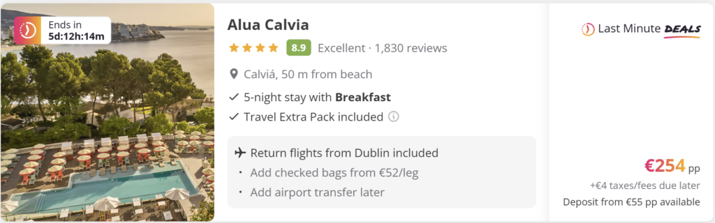 Palma Mallorca half board holiday deal from Dublin for €283 per person, travel dates 15–20 April 2026. Includes 5-night hotel stay for two travellers, half board meals, return flights from Dublin and €61 deposit option. Promotional travel card with Palmanova hotel pool and Palma coastline.