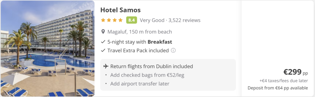 Palma Mallorca half board holiday deal from Dublin for €283 per person, travel dates 15–20 April 2026. Includes 5-night hotel stay for two travellers, half board meals, return flights from Dublin and €61 deposit option. Promotional travel card with Palmanova hotel pool and Palma coastline.