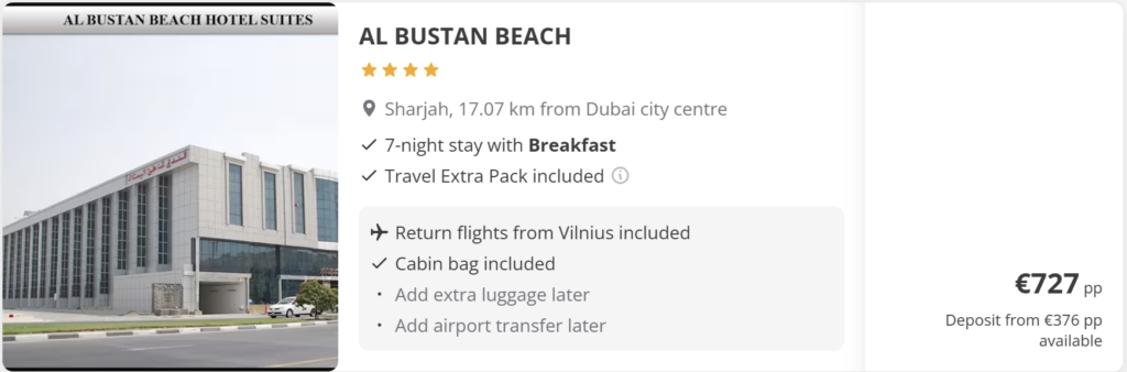 Skrydžių pasiūlymas į Dubajų iš Vilniaus už 400 € pirmyn–atgal, kelionės datos 2026 m. kovo 19–26 d. Tiesioginiai FlyDubai skrydžiai VNO–DXB–VNO, Dubajaus panorama su Burj Khalifa saulėlydžio fone