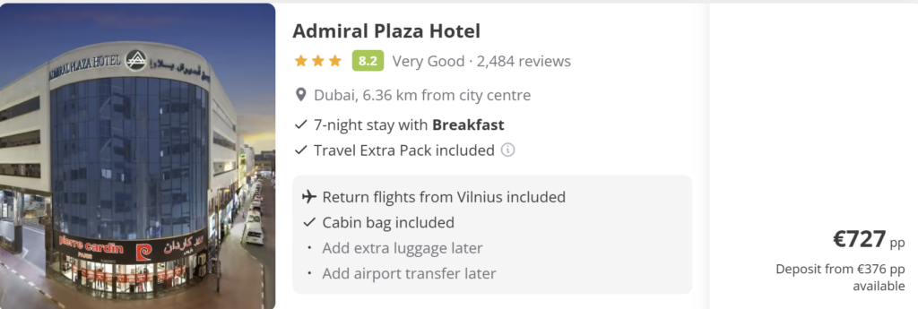 Skrydžių pasiūlymas į Dubajų iš Vilniaus už 400 € pirmyn–atgal, kelionės datos 2026 m. kovo 19–26 d. Tiesioginiai FlyDubai skrydžiai VNO–DXB–VNO, Dubajaus panorama su Burj Khalifa saulėlydžio fone