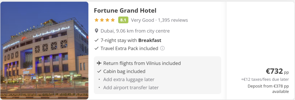 Skrydžių pasiūlymas į Dubajų iš Vilniaus už 400 € pirmyn–atgal, kelionės datos 2026 m. kovo 19–26 d. Tiesioginiai FlyDubai skrydžiai VNO–DXB–VNO, Dubajaus panorama su Burj Khalifa saulėlydžio fone