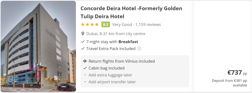 Skrydžių pasiūlymas į Dubajų iš Vilniaus už 400 € pirmyn–atgal, kelionės datos 2026 m. kovo 19–26 d. Tiesioginiai FlyDubai skrydžiai VNO–DXB–VNO, Dubajaus panorama su Burj Khalifa saulėlydžio fone