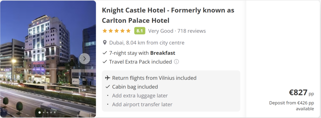 Skrydžių pasiūlymas į Dubajų iš Vilniaus už 400 € pirmyn–atgal, kelionės datos 2026 m. kovo 19–26 d. Tiesioginiai FlyDubai skrydžiai VNO–DXB–VNO, Dubajaus panorama su Burj Khalifa saulėlydžio fone