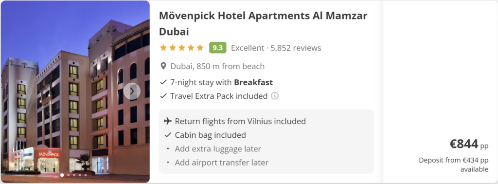 Skrydžių pasiūlymas į Dubajų iš Vilniaus už 400 € pirmyn–atgal, kelionės datos 2026 m. kovo 19–26 d. Tiesioginiai FlyDubai skrydžiai VNO–DXB–VNO, Dubajaus panorama su Burj Khalifa saulėlydžio fone