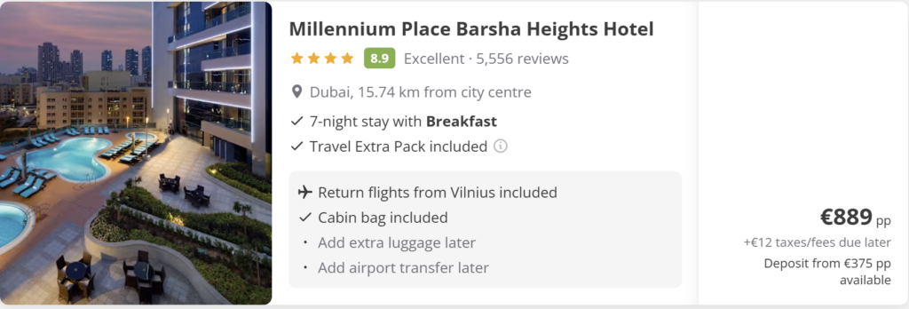 Kelionės pasiūlymas į Dubajų: Millennium Place Barsha Heights Hotel, 7 naktys su pusryčiais, įskaičiuoti skrydžiai pirmyn–atgal iš Vilniaus, rankinis bagažas. Kaina nuo 889 € asmeniui. Viešbučio baseino ir miesto panoramos vaizdas.