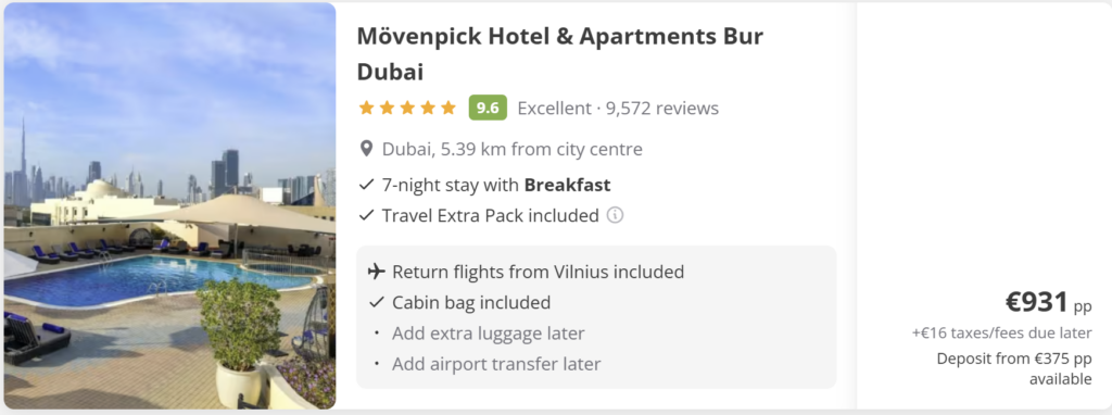 Dubajaus kelionės paketas: 7 naktys viešbutyje su pusryčiais, skrydžiai iš Vilniaus pirmyn–atgal, rankinis bagažas įskaičiuotas. Kaina nuo 931 € asmeniui. Vaizdas į Dubajaus dangoraižius ir viešbučio baseiną.