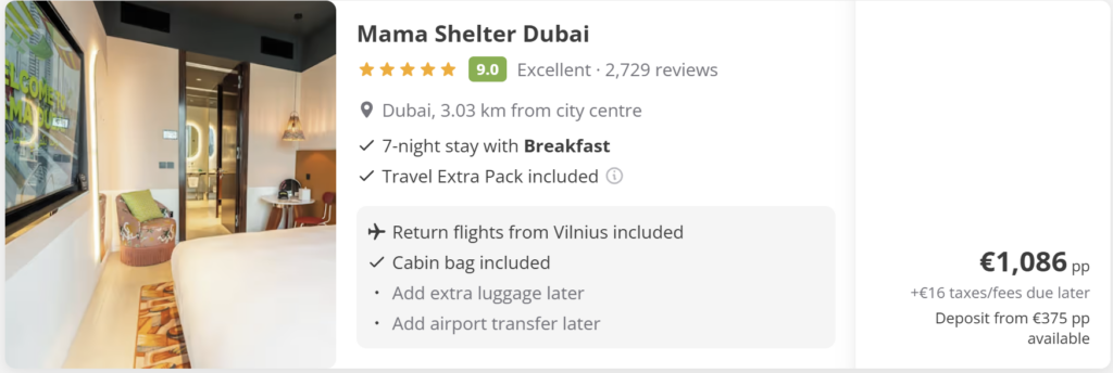 Kelionė į Dubajų iš Vilniaus: Mama Shelter Dubai, 7 naktys su pusryčiais, skrydžiai pirmyn–atgal, rankinis bagažas įskaičiuotas. Kaina nuo 1 086 € asmeniui. Modernus viešbučio kambarys su dizaino interjeru.