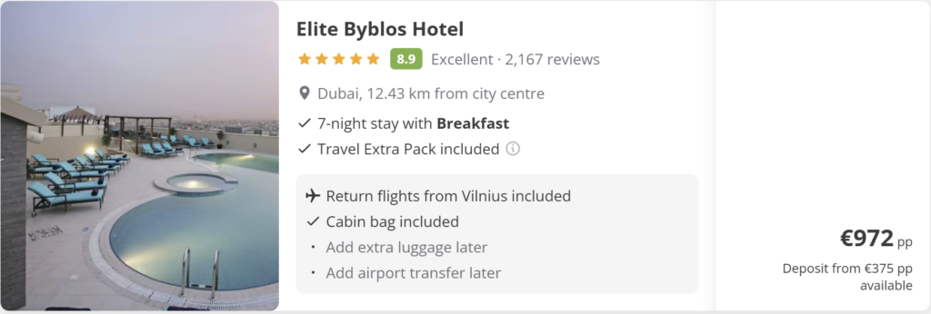 Dubajaus kelionės pasiūlymas iš Vilniaus: Elite Byblos Hotel, 7 naktys su pusryčiais, įtraukti skrydžiai pirmyn–atgal, rankinis bagažas. Vaizdas į baseino zoną ant stogo ir miesto panoramą.