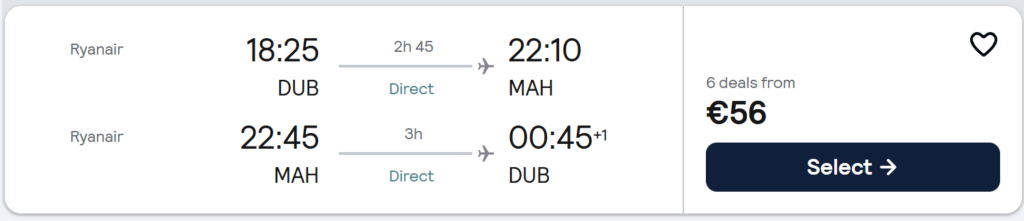 Menorca holiday from Dublin: [hotel name], 7 nights with breakfast or half board, return flights included, from €XXX per person.