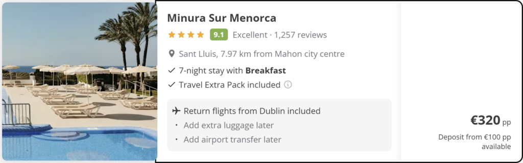 Menorca holiday package from Dublin: Minura Sur Menorca hotel, 7-night stay with breakfast, return flights included, price from €320 per person. Pool area with sun loungers and palm trees by the sea.