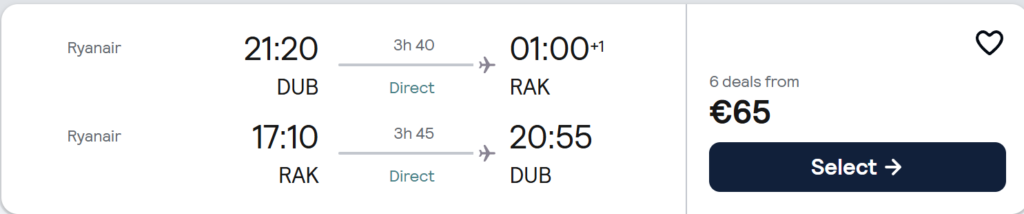 Direct Ryanair flights from Dublin to Marrakech (RAK) showing outbound 21:20–01:00 and return 17:10–20:55, with prices from €65 and “Flight + Hotel Deals” section below.