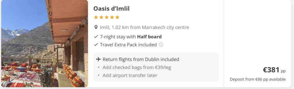 Marrakech holiday deals from Dublin showing Imperial Holiday Hotel & Spa, Aqua Mirage Club & Aqua Parc All Inclusive, and Oasis d’Imlil with 7-night stays, return flights included, prices from €238 per person, hotel ratings, pool views and resort photos.