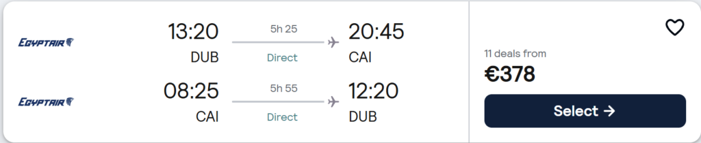 Cairo flight deal from Dublin showing direct EgyptAir return flights (DUB–CAI), travel dates 5–15 March 2026, postcard-style Cairo graphic with pyramids and Egyptian decor, and price from €384 per person, plus Flight + Hotel Deals section below.