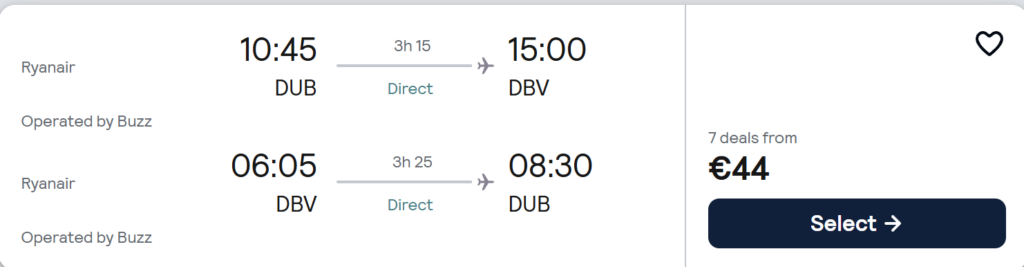 Direct Ryanair return flights from Dublin to Dubrovnik, Wed 15 Apr to Thu 23 Apr 2026, departure 10:45 DUB – 15:00 DBV, return 06:05 DBV – 08:30 DUB, flight time 3h15 outbound and 3h25 inbound, price from €44 per person