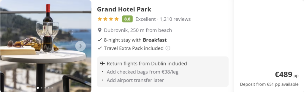 Grand Hotel Park Dubrovnik balcony with wine and sea view, 4 star hotel close to beach, 8 night stay with breakfast and return flights from Dublin, from €489 per person