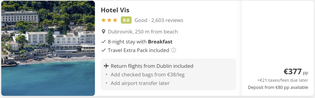 Hotel Vis Dubrovnik beachfront aerial view, 3 star hotel near beach, 8 night stay with breakfast and return flights from Dublin, from €377 per person