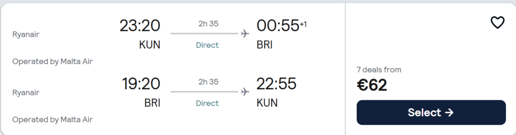 Tiesioginiai Ryanair skrydžiai iš Kauno į Bari, 2026 m. balandžio 17–24 d., KUN 23:20 – BRI 00:55, BRI 19:20 – KUN 22:55, skrydžio trukmė 2 val. 35 min., kaina nuo 62 € asmeniui