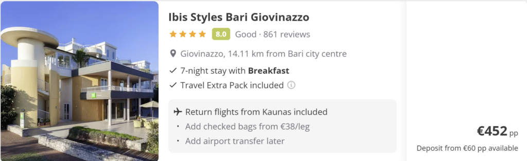 Ibis Styles Bari Giovinazzo viešbutis Italijoje, 7 nakvynės su pusryčiais, įskaičiuoti skrydžiai iš Kauno, Bari kelionės paketas nuo 452 € asmeniui
