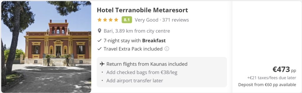 Hotel Terranobile Metaresort Bari, istorinis viešbutis Italijoje, 7 nakvynės su pusryčiais, skrydžiai iš Kauno įskaičiuoti, kelionė į Bari nuo 473 € asmeniui