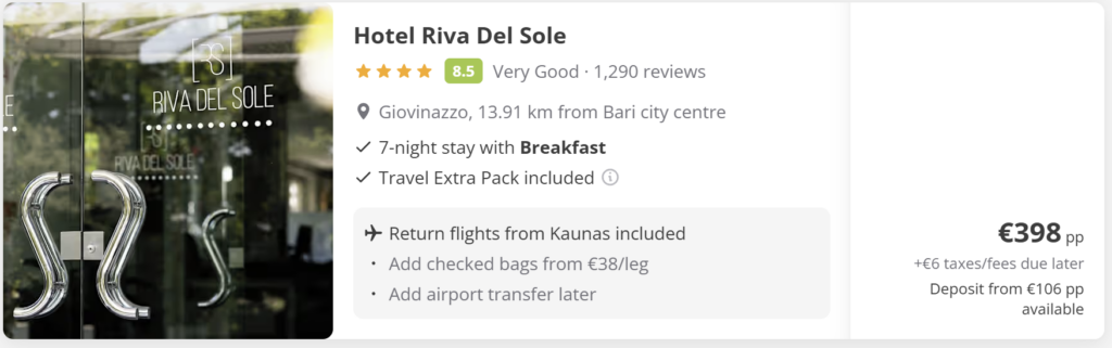 Hotel Riva Del Sole Bari pakrantės viešbutis Giovinazzo, 7 nakvynės su pusryčiais, įskaičiuoti skrydžiai iš Kauno, Bari atostogų pasiūlymas nuo 398 € asmeniui