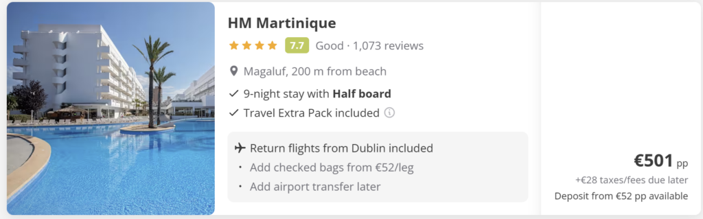 Palma de Mallorca holiday deals from Dublin – HM Martinique, ILUNION Palmanova and BLUESEA Mediodia hotels, 9-night stay, Half Board and All Inclusive options with return flights included