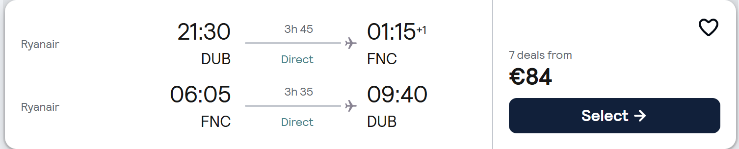 Madeira flight deal from Dublin with direct return flights, travel dates 8–18 June 2026, price €85 return, island landscape background with mountains and ocean view.