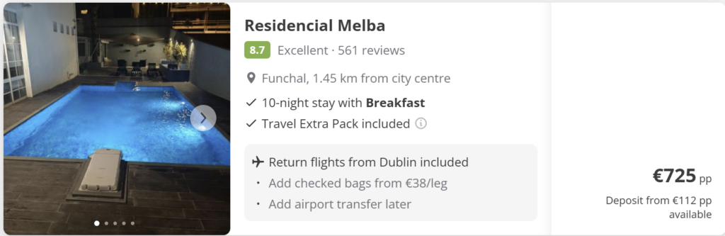Madeira flight deal from Dublin with direct return flights, travel dates 8–18 June 2026, price €85 return, island landscape background with mountains and ocean view.