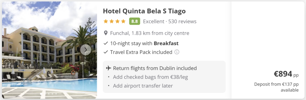 Madeira flight deal from Dublin with direct return flights, travel dates 8–18 June 2026, price €85 return, island landscape background with mountains and ocean view.