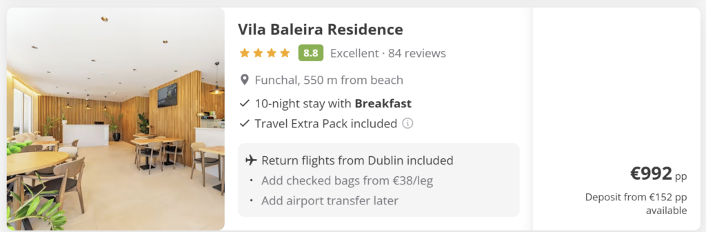 Madeira flight deal from Dublin with direct return flights, travel dates 8–18 June 2026, price €85 return, island landscape background with mountains and ocean view.