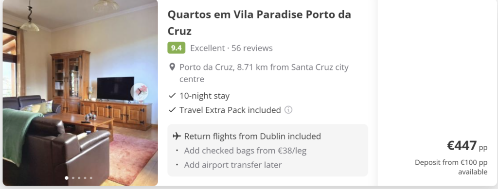 Madeira flight deal from Dublin with direct return flights, travel dates 8–18 June 2026, price €85 return, island landscape background with mountains and ocean view.