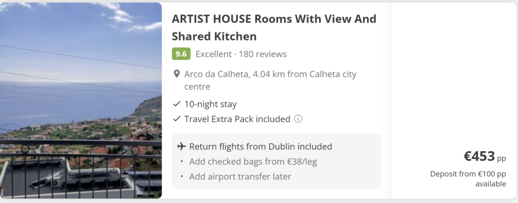 Madeira flight deal from Dublin with direct return flights, travel dates 8–18 June 2026, price €85 return, island landscape background with mountains and ocean view.