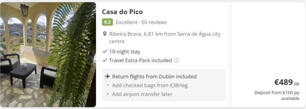 Madeira flight deal from Dublin with direct return flights, travel dates 8–18 June 2026, price €85 return, island landscape background with mountains and ocean view.