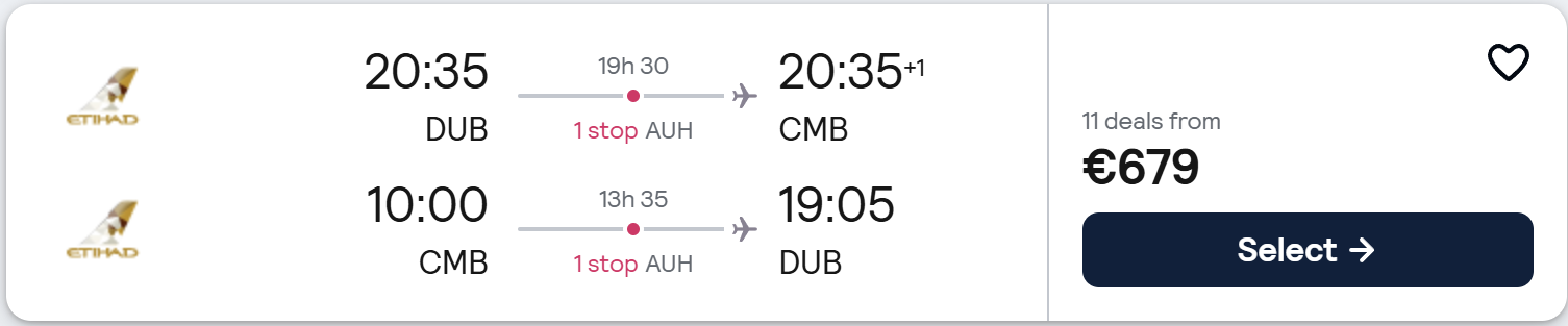 Promotional travel card showing Colombo, Sri Lanka from Dublin. Travel dates: Wed 3 Jun 2026 – Wed 17 Jun 2026. Flights – return. Price from €679. Tropical beach background with palm trees, Colombo skyline, Sri Lankan flag, seashells and summer accessories on sand.