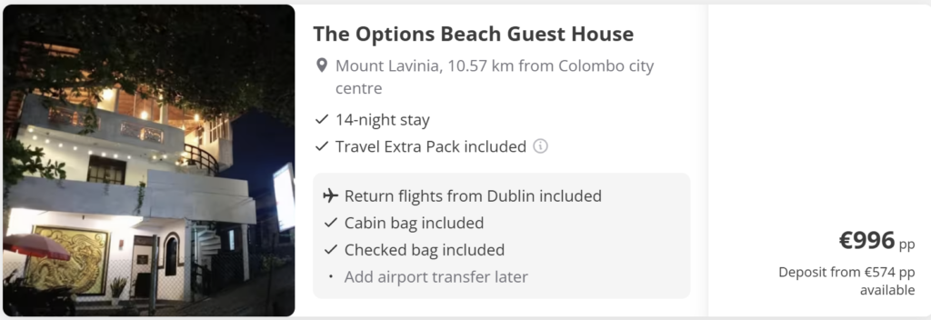 Promotional travel card showing Colombo, Sri Lanka from Dublin. Travel dates: Wed 3 Jun 2026 – Wed 17 Jun 2026. Flights – return. Price from €679. Tropical beach background with palm trees, Colombo skyline, Sri Lankan flag, seashells and summer accessories on sand.
