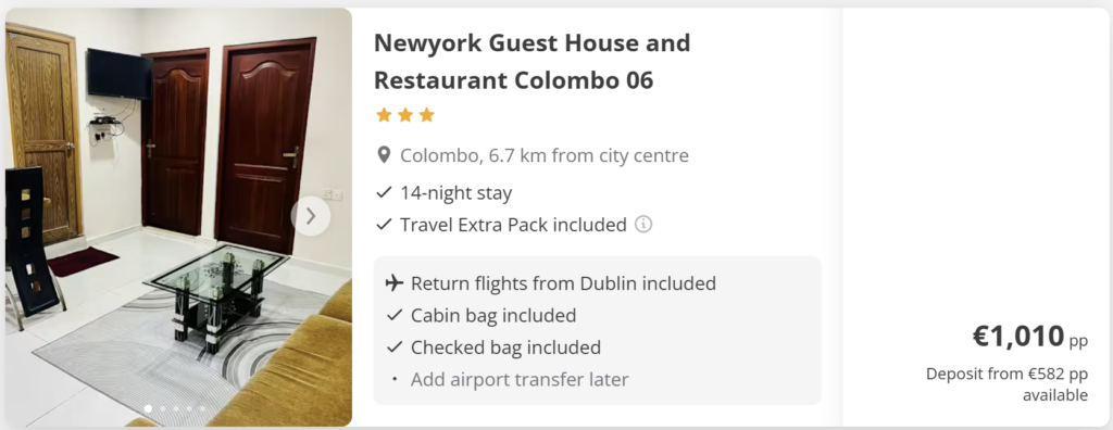 Promotional travel card showing Colombo, Sri Lanka from Dublin. Travel dates: Wed 3 Jun 2026 – Wed 17 Jun 2026. Flights – return. Price from €679. Tropical beach background with palm trees, Colombo skyline, Sri Lankan flag, seashells and summer accessories on sand.