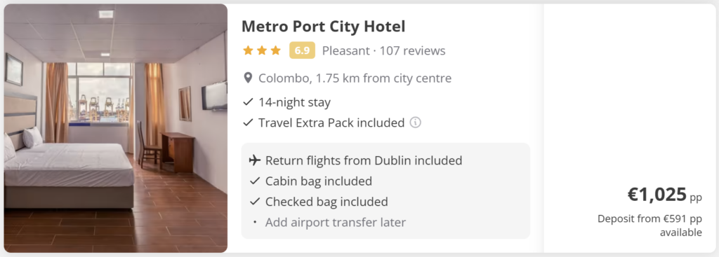 Promotional travel card showing Colombo, Sri Lanka from Dublin. Travel dates: Wed 3 Jun 2026 – Wed 17 Jun 2026. Flights – return. Price from €679. Tropical beach background with palm trees, Colombo skyline, Sri Lankan flag, seashells and summer accessories on sand.