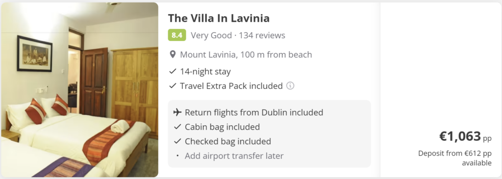 Promotional travel card showing Colombo, Sri Lanka from Dublin. Travel dates: Wed 3 Jun 2026 – Wed 17 Jun 2026. Flights – return. Price from €679. Tropical beach background with palm trees, Colombo skyline, Sri Lankan flag, seashells and summer accessories on sand.