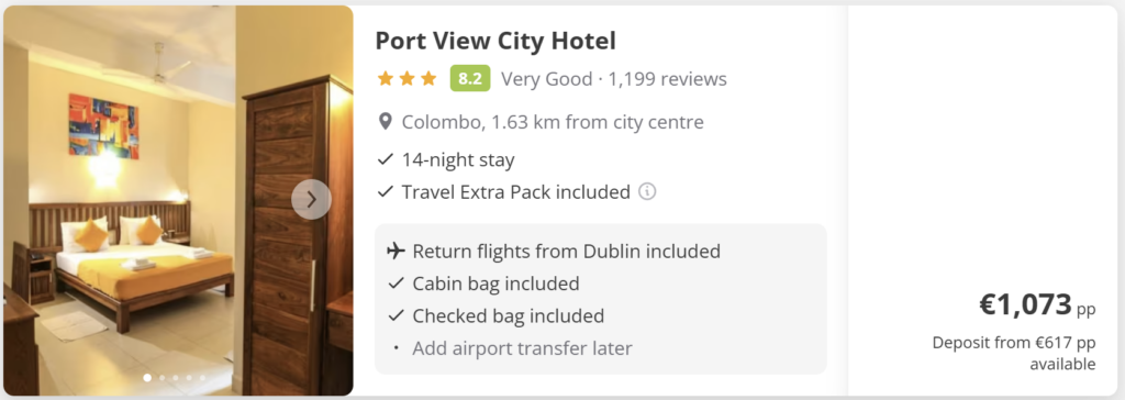 Promotional travel card showing Colombo, Sri Lanka from Dublin. Travel dates: Wed 3 Jun 2026 – Wed 17 Jun 2026. Flights – return. Price from €679. Tropical beach background with palm trees, Colombo skyline, Sri Lankan flag, seashells and summer accessories on sand.