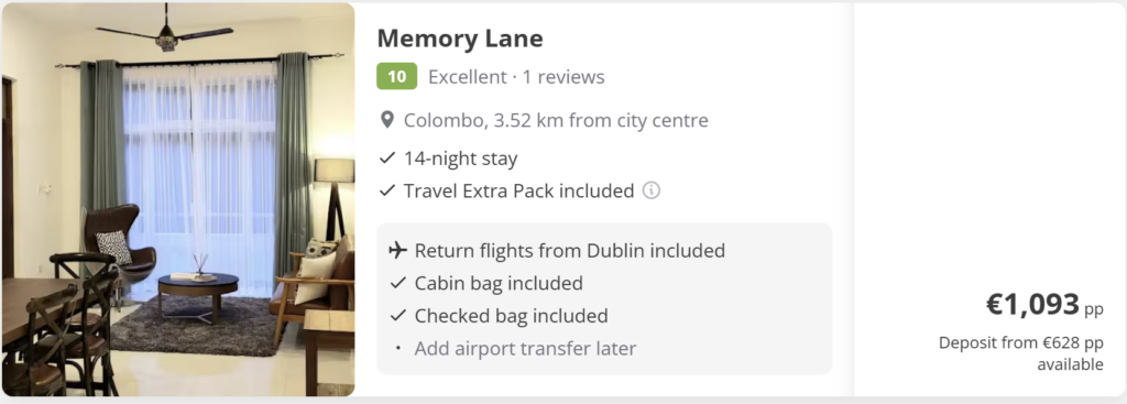 Promotional travel card showing Colombo, Sri Lanka from Dublin. Travel dates: Wed 3 Jun 2026 – Wed 17 Jun 2026. Flights – return. Price from €679. Tropical beach background with palm trees, Colombo skyline, Sri Lankan flag, seashells and summer accessories on sand.