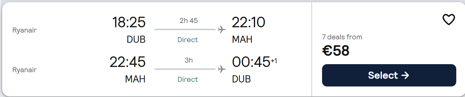 Promotional travel image showing Menorca from Dublin. Travel dates: Wed 6 May 2026 – Wed 13 May 2026. Flights – return (direct). Price €58. Mediterranean beach background with turquoise water, coastal cliffs, Spanish flag, seashells and summer accessories on sand.