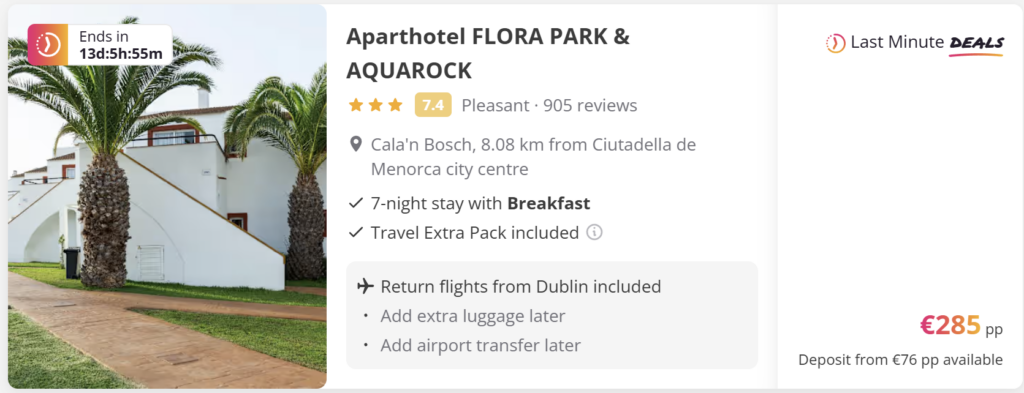 Promotional travel image showing Menorca from Dublin. Travel dates: Wed 6 May 2026 – Wed 13 May 2026. Flights – return (direct). Price €58. Mediterranean beach background with turquoise water, coastal cliffs, Spanish flag, seashells and summer accessories on sand.