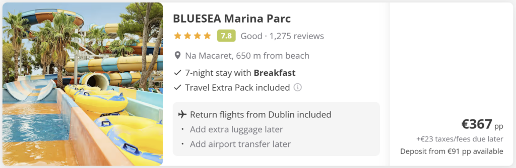 Promotional travel image showing Menorca from Dublin. Travel dates: Wed 6 May 2026 – Wed 13 May 2026. Flights – return (direct). Price €58. Mediterranean beach background with turquoise water, coastal cliffs, Spanish flag, seashells and summer accessories on sand.
