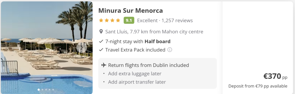 Promotional travel image showing Menorca from Dublin. Travel dates: Wed 6 May 2026 – Wed 13 May 2026. Flights – return (direct). Price €58. Mediterranean beach background with turquoise water, coastal cliffs, Spanish flag, seashells and summer accessories on sand.