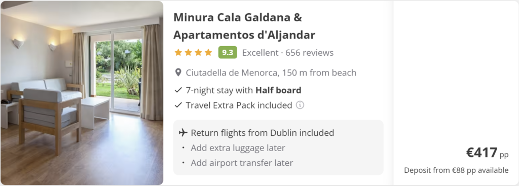 Promotional travel image showing Menorca from Dublin. Travel dates: Wed 6 May 2026 – Wed 13 May 2026. Flights – return (direct). Price €58. Mediterranean beach background with turquoise water, coastal cliffs, Spanish flag, seashells and summer accessories on sand.