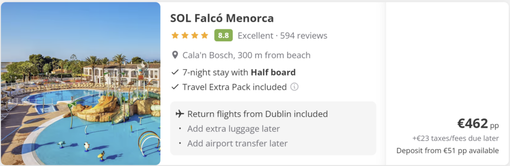 Promotional travel image showing Menorca from Dublin. Travel dates: Wed 6 May 2026 – Wed 13 May 2026. Flights – return (direct). Price €58. Mediterranean beach background with turquoise water, coastal cliffs, Spanish flag, seashells and summer accessories on sand.