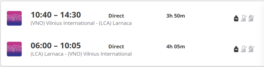 Reklaminis kelionės pasiūlymo vaizdas „Cyprus from Vilnius“. Kelionės datos: kovo 16 d. – kovo 25 d. Į kainą įskaičiuota: skrydis + viešbutis + pusryčiai. Kaina 489 € asmeniui. Fone – saulėtas Kipro paplūdimys, palmės, lėktuvas danguje ir atostogų atributai smėlyje.